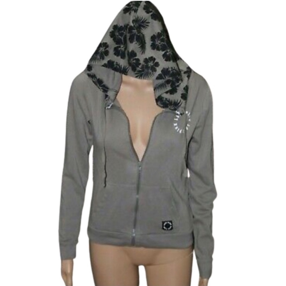 PINK Victoria's Secret Long Sleeve Zip Up Hoodie with Black Floral Design Size S